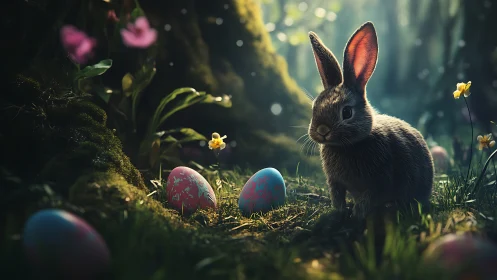 Easter rabbit beside painted eggs in glowing forest clearing.