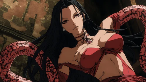 Crimson serpent enchantress reclines in shadowed stone lair.