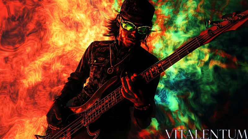 Electric bass guitarist silhouette against abstract neon backdrop.