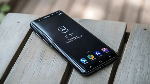 Matte Black Smartphone on Wooden Surface Display.