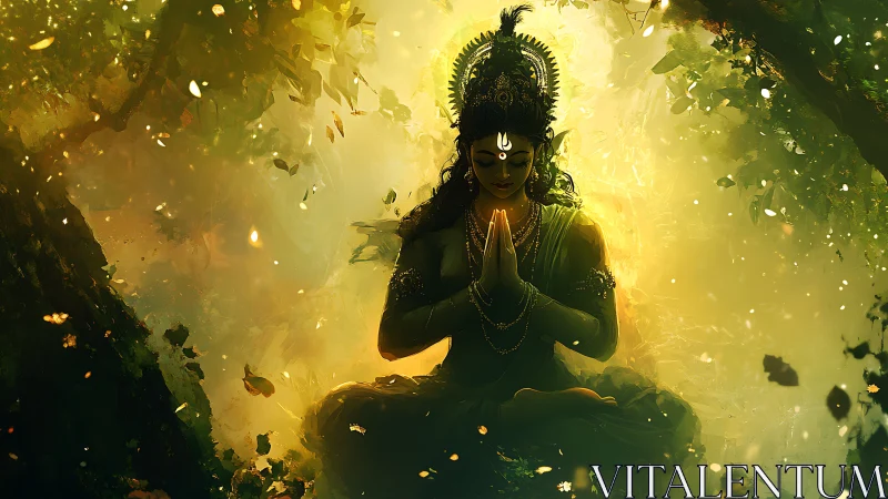 Divine figure meditates in glowing forest sanctuary of light