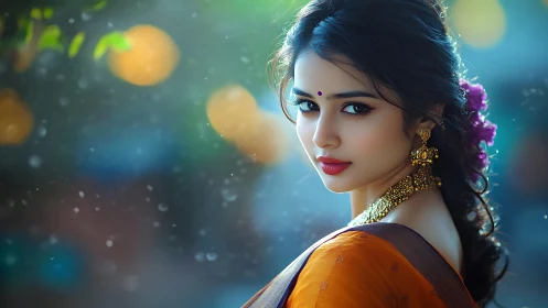 Graceful woman in saree glowing in soft evening light.