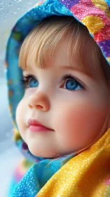 Young child wearing multicolored patterned hooded fabric.
