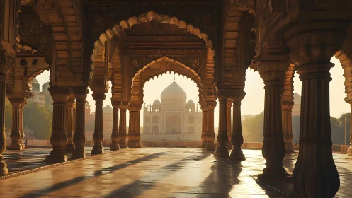 Sunlit Mughal arches framing distant white domed monument.