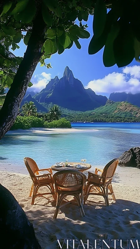Tropical Beach Dining Under Mountain Peak.