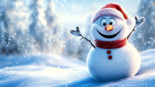 Smiling snowman stands outdoors in a bright snowy forest