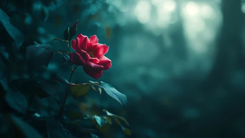 Midnight forest hush lets a single crimson rose speak softly