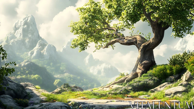 Curved tree stands before distant rocky mountains and clouds