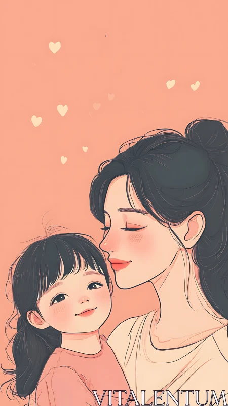 Mother and daughter share tender moment amid floating hearts on soft coral background.