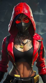 Hooded masked woman stands in red jacket and tactical gear
