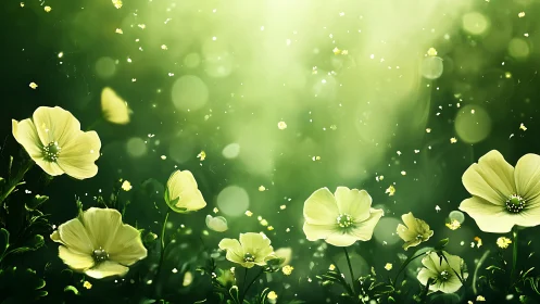 Yellow flowers with soft bokeh and luminous green garden backdrop.