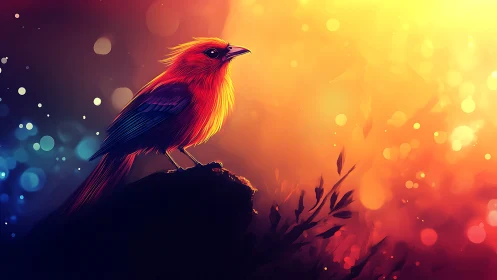 Vibrant Digital Art of Colorful Bird at Sunset with Glowing Lights.