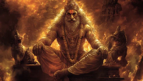 Divine warrior figure sits amid fiery temple backdrop