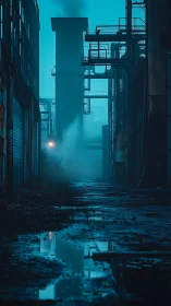 Industrial alley with wet pavement and distant smokestack.