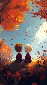 Two children sit under autumn trees watching bright sky