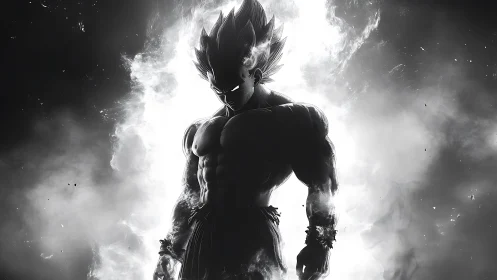 Dark anime warrior emerges from blazing white energy storm.
