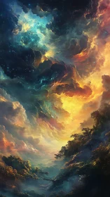 Celestial stormscape over luminous forest horizon at dusk.