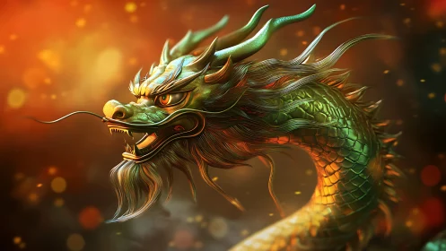 Radiant emerald dragon curls through glowing golden light