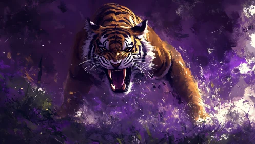 Roaring tiger lunges through abstract violet jungle haze.