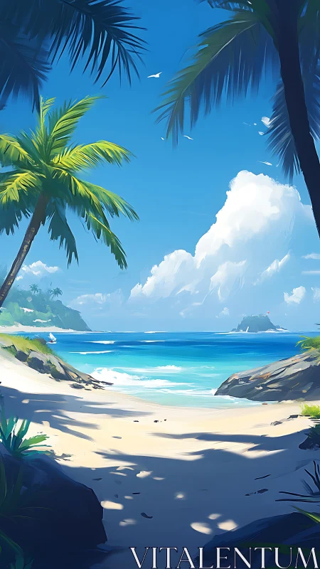 Tropical Beach Cove with Palm Trees and Turquoise Waters