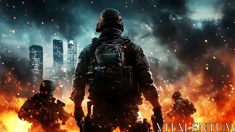 Armored soldier advances through blazing urban battlefield