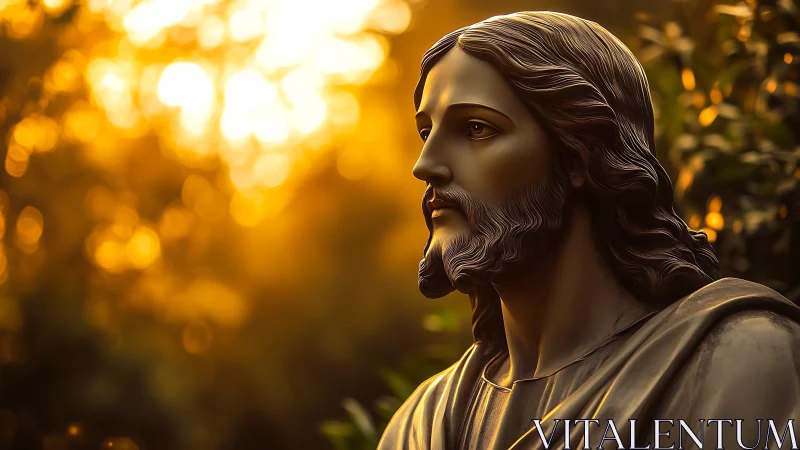 Bronze devotional bust rendered against defocused golden bokeh light