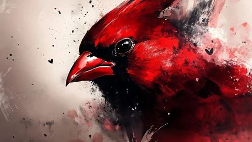 Scarlet cardinal portrait in dynamic splatter abstraction.