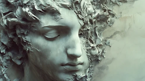 Fragmented stone relief shows stylized human face in profile