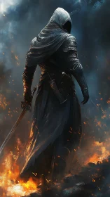 Hooded warrior strides through burning battlefield ruins.