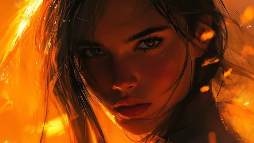 Luminous Portrait in Fiery Amber Glow.