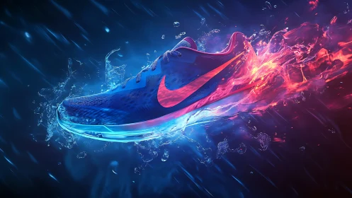 Rendered athletic shoe intersects contrasting fluid effects
