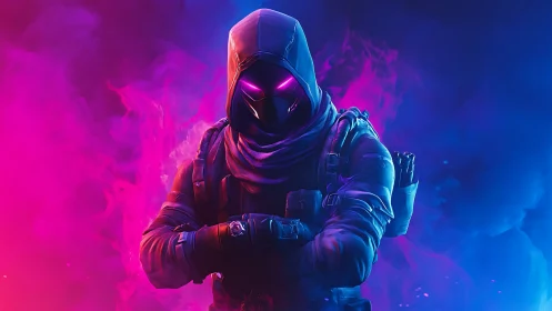 Hooded techno-assassin in neon magenta and cyan volumetric fog