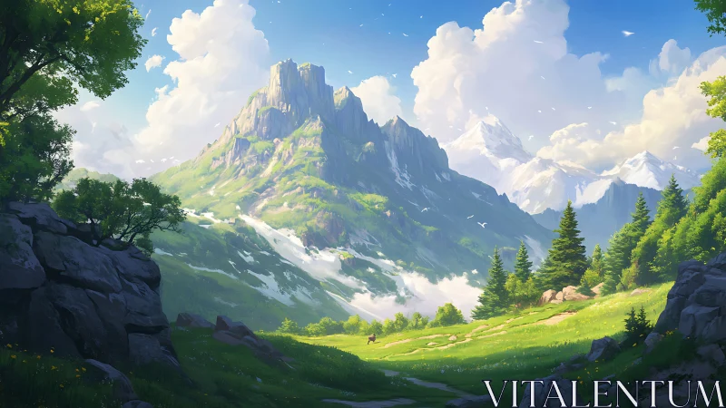 Sunlit alpine valley with towering jagged mountain vista.