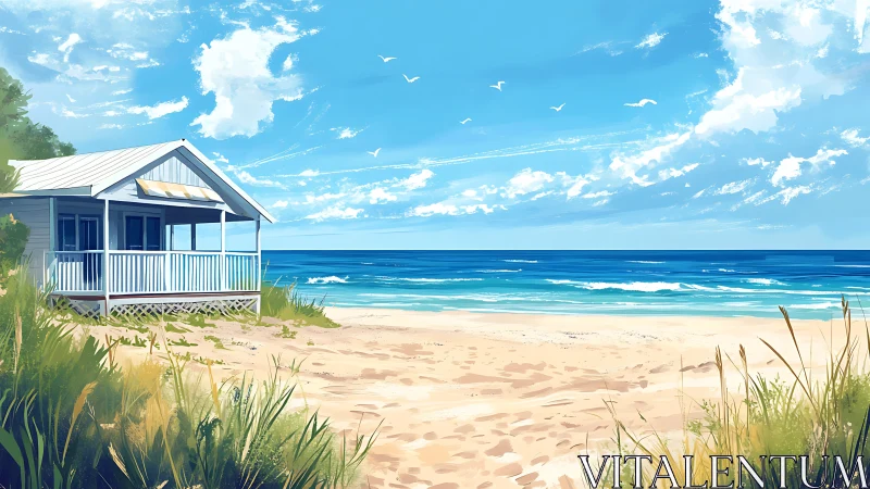 Coastal Beach House with Azure Ocean and Cumulus Sky.