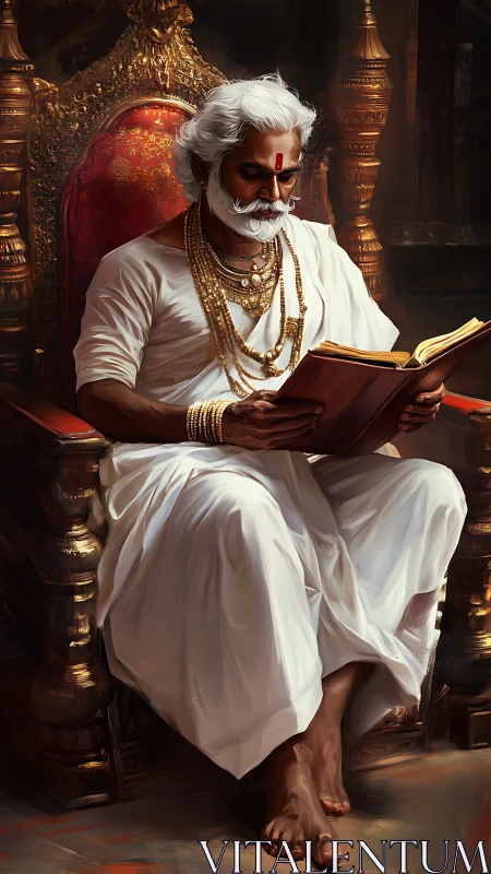 Elderly robed man reading on ornate throne-like chair.