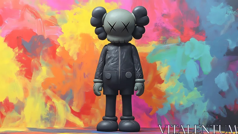 Grey toy figure against bold multicolor abstract backdrop.