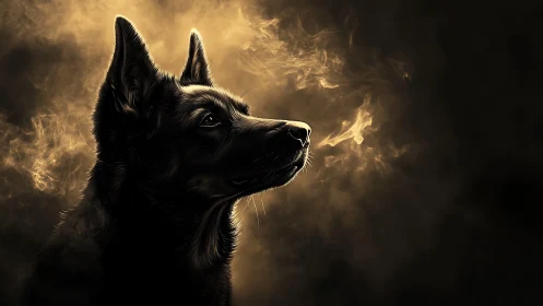 Luminous canine profile amid swirling golden smoke haze.