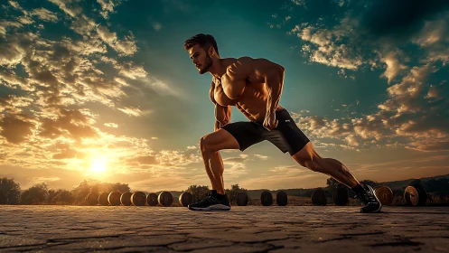 Sunset athlete lunges across outdoor strength track.
