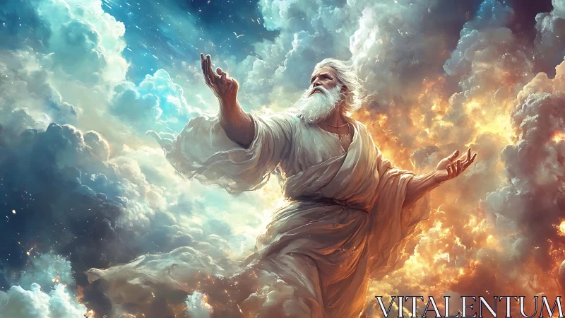 Sky-borne elder summons light between stormborn heavens.