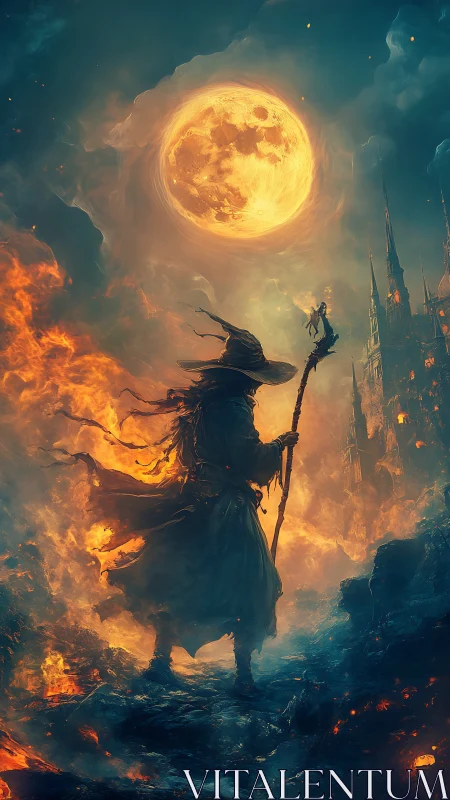 Lone wanderer wizard greets a blazing moon above ruins
