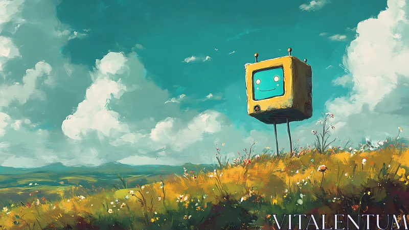 Sunny robot explorer smiles over a bright wildflower meadow