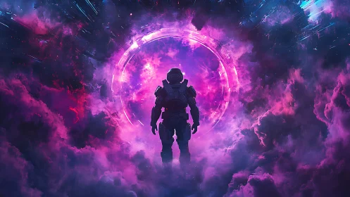Lone astronaut confronts glowing portal in vivid nebula storm