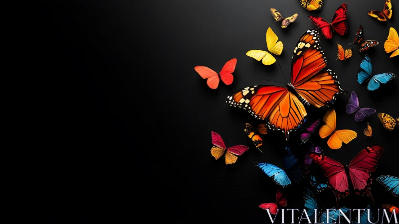 Radiant monarch butterflies drift across deep black space.