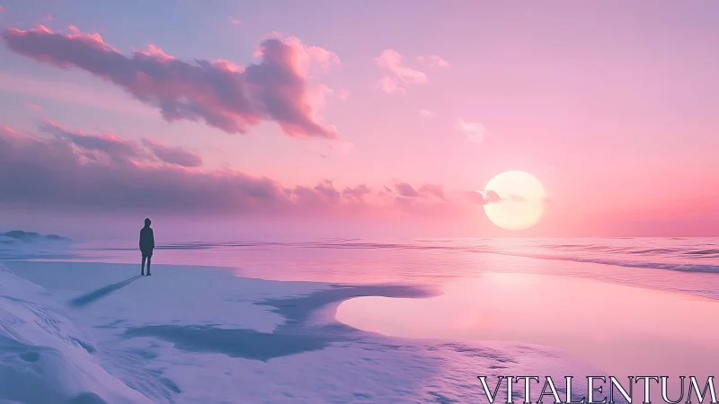 Solitary dreamwalker on a pastel-tinted polar shoreline.
