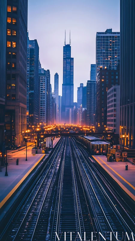 Electric city rails stretch toward a softly glowing skyline