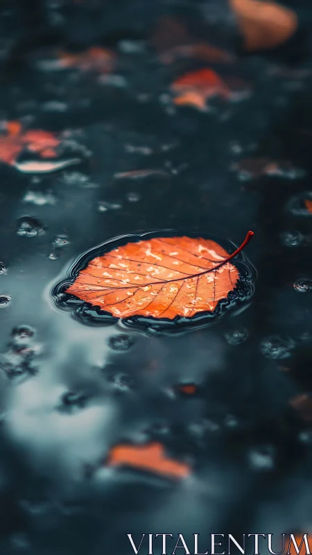 Orange autumn leaf drifts on dark reflective rainwater