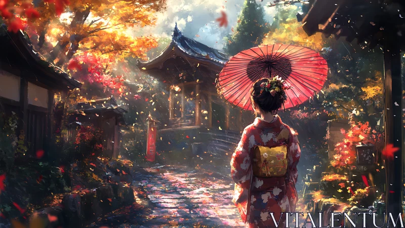 Autumn lantern path with kimono dreamer beneath crimson parasol.