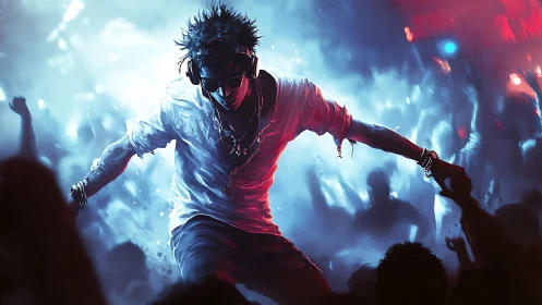 Headphoned midnight hero surfing a neon stormed crowd.