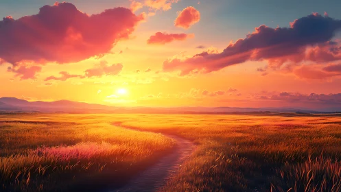 Sunlit rural path cuts through radiant sunset grassland panorama