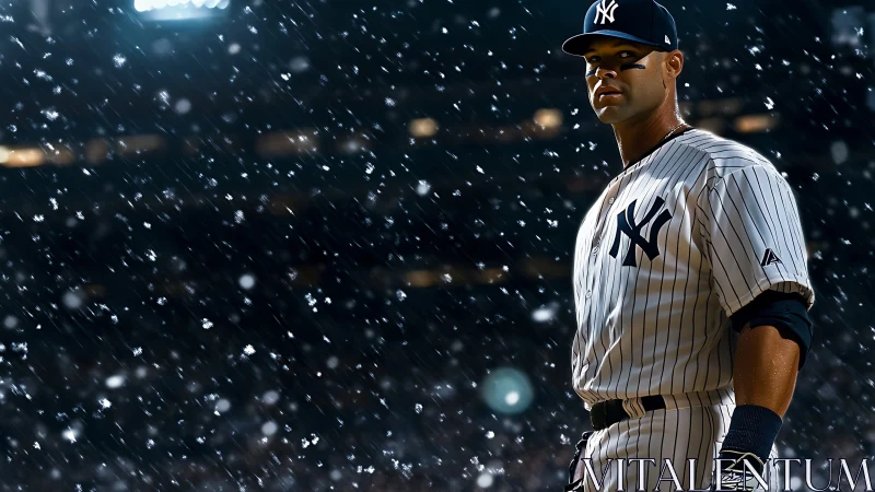 Baseball player in snowlit stadium under falling flakes